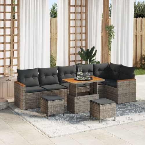 9-delars trädgårdsofa set med kuddar grå poly rattan akacia