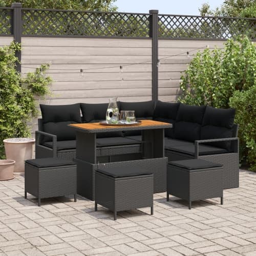 9-delat trädgårdssoffset med kuddar svart poly rattan akacia, vidaXL 2-sits trädgårdsoffa med förvaring och kuddar svart poly rattan, vidaXL 4-delat t