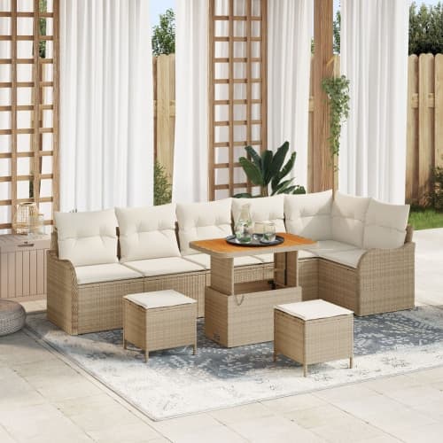 9-delars trädgårdssoffaset med kuddar Beige poly rattan akaciaträ