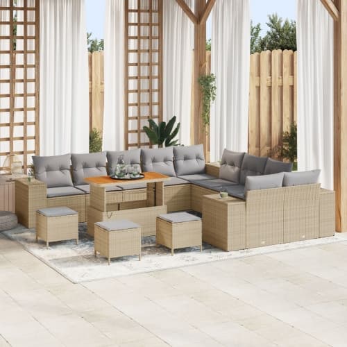 14-delad trädgårdsoffasett med kuddar Beige Poly Rattan Akacia