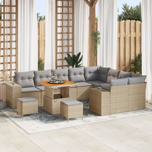 12-delars trädgårdsoffaset med kuddar Beige Poly Rattan Akacia