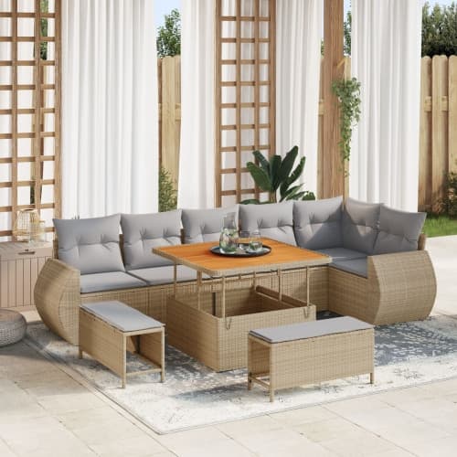 9 Delars Trädgårdssoffset med Kuddar Beige Poly Rattan Akacia