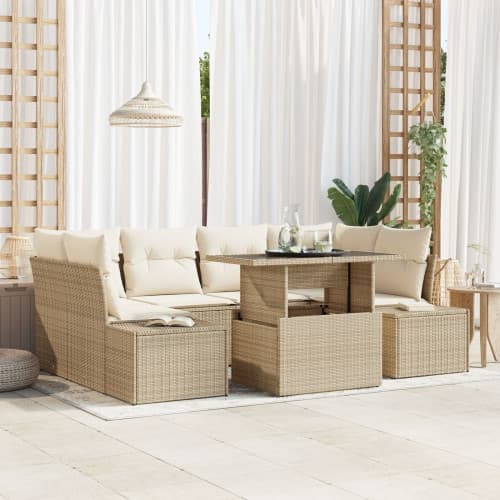 7-delars trädgårdsoffaset med kuddar beige poly rotting