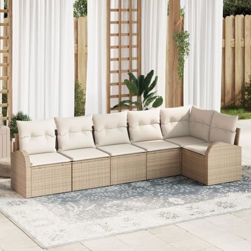 6 Delad Trädgårdsoffasats med Kuddar Beige Poly Rattan