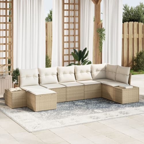 7-delat trädgårdsoffaset med kuddar beige poly rattan