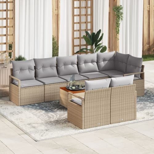 9-delat trädgårdsoffset med kuddar beige poly rattan akacia