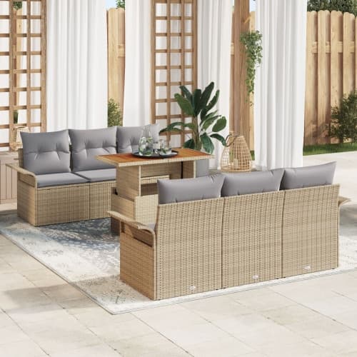7-delat Trädgårdssoffset med kuddar Beige Poly Rattan