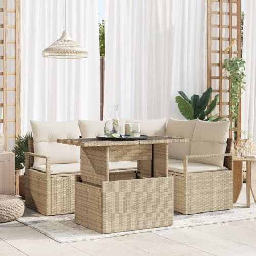 5-delat trädgårdsoffaset med kuddar beige poly rattan