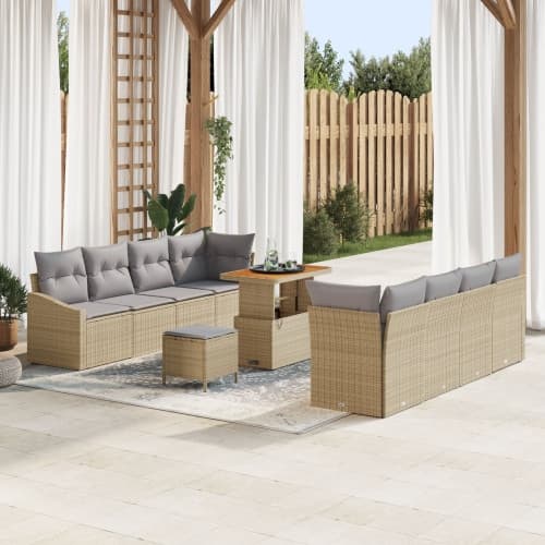 11-delad Trädgårdssoffa Set med Kuddar Beige Poly Rattan Akacia