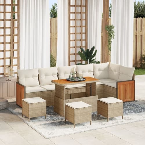 10-delat Trädgårdsoffset med Kuddar Beige Poly Rattan Akaci