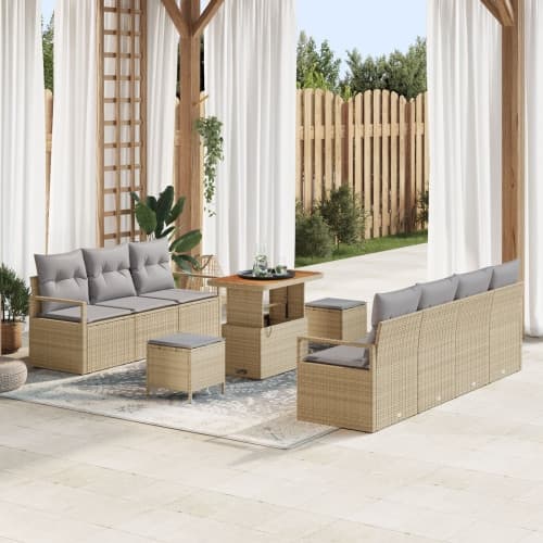 10-delat trädgårdsoff-set med kuddar beige polyrotting akacia