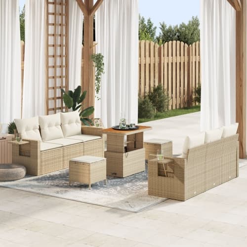 9-delat trädgårdsoffaset med kuddar Beige Poly-Rotting Akacia