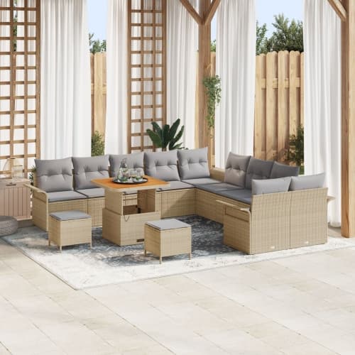 13-delars trädgårdsofabordset med kuddar Beige Poly Rattan Akacia