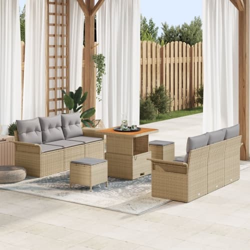9-delade Trädgårdsoffaset med Kuddar Beige Poly Rattan Acacia