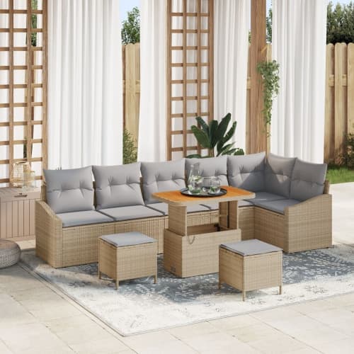 9 Delars Trädgårdsoffaset med Kuddar Beige Poly Rattan Akacia