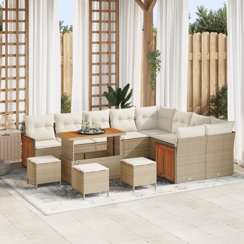 13 Delar Trädgårdsoffagrupp med Kuddar Beige Poly Rattan Akacia