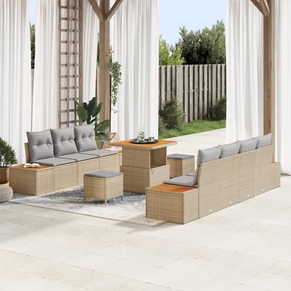 10 Delar Trädgårdssoffset med Kuddar Beige Poly Rattan Akacia