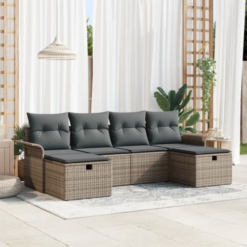 6-delat trädgårdsoffset med kuddar Grå Poly Rattan, vidaXL 2-sits trädgårdsoffa med förvaring & kuddar Grå Poly Rattan