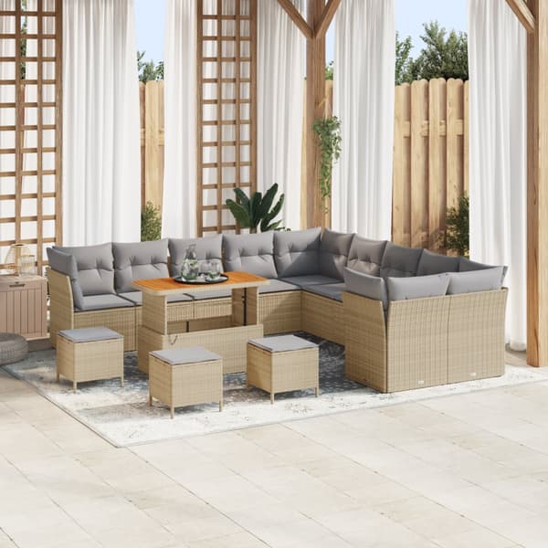 14-delat trädgårdsoffset med kuddar Beige Poly Rattan Akacia