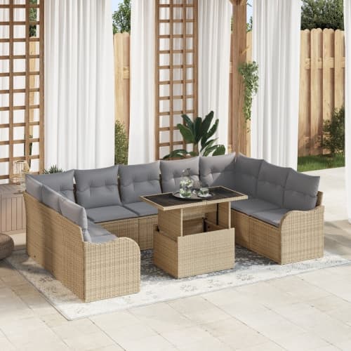 10-delars Trädgårdsoffor Set med Kuddar Beige Poly Rattan