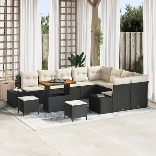 12 Delars Trädgårdsofa Set med Kuddar Svart Poly Rattan Akacia