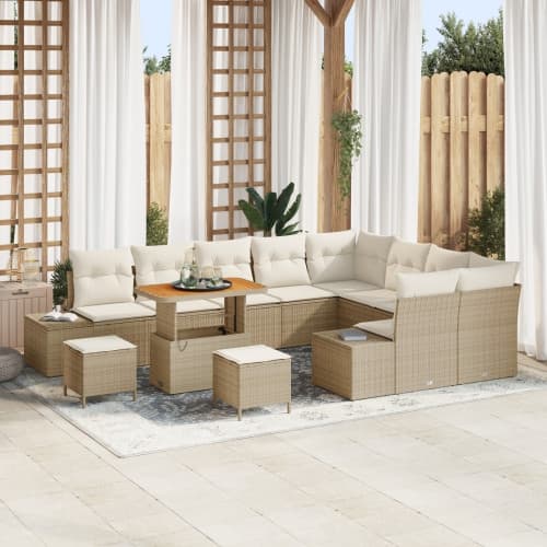 12-delars trädgårdsoffaset med kuddar beige poly rattan akacia