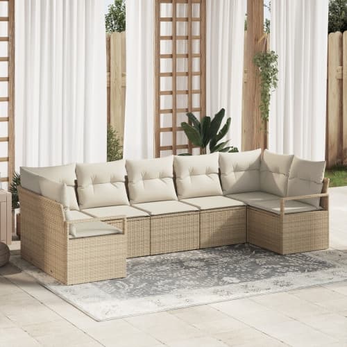 7 Delars Trädgårdsoffset med Kuddar Beige Poly Rattan