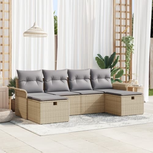 6-delad Trädgårdsoffgrupp med kuddar Beige Poly Rattan