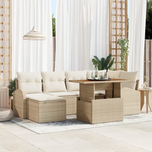 7 Delar Trädgårdsoffset med Kuddar Beige Poly Rots, vidaXL 2-Sits Trädgårdsoffa med Förvaring & Kuddar Beige Poly Rots