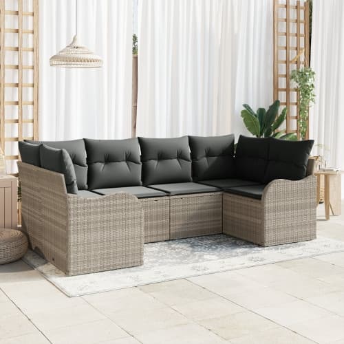 6 Delar Trädgårdsoffaset med Kuddar Ljusgrå Poly Rattan