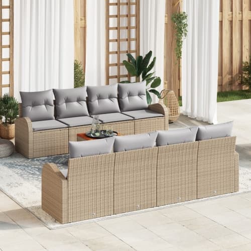 9-delars trädgårdsoffset med kuddar beige poly rattan acacia