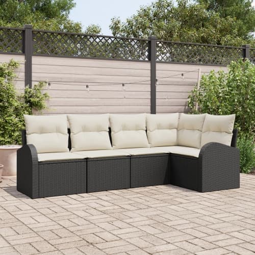 5 Delars Trädgårdsoffgrupp med Kuddar Svart Poly Rattan, vidaXL 2-sits Trädgårdsoffa med Förvaring & Kuddar Svart Poly Rattan