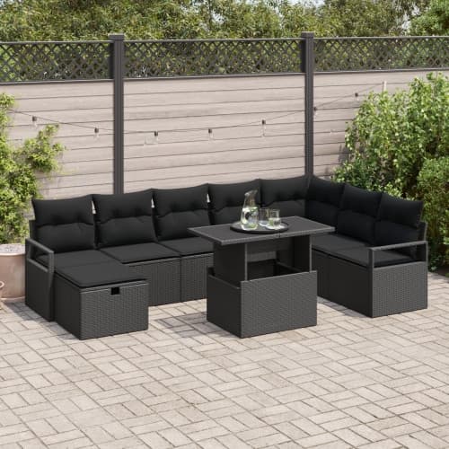 9-delat trädgårdsoffset med kuddar Svart poly rattan, vidaXL 2-sits trädgårdsoffa med förvaring & kuddar Svart poly rattan