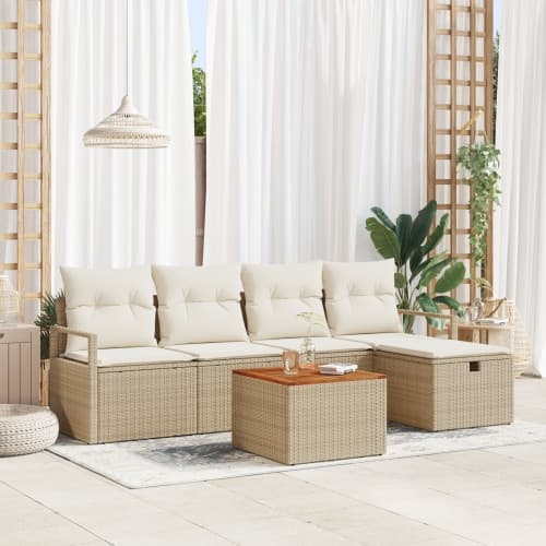 6-delars trädgårdssoffset med kuddar beige poly rattan