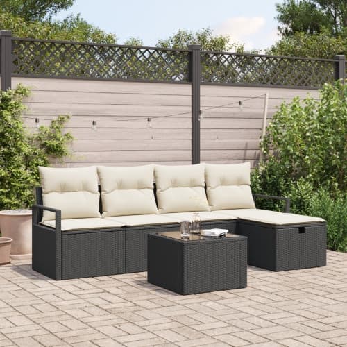 6 delars Trädgårdsofa set med kuddar Svart Poly Rattan, vidaXL 2-sits Trädgårdsofa med förvaring & kuddar Svart Poly Rattan