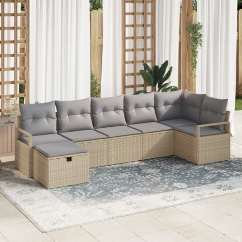 7-delade trädgårdsoffaset med kuddar Beige poly-rattan