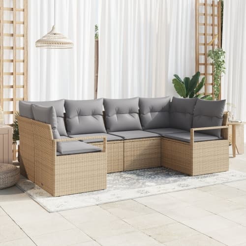 6-delat trädgårdssoff set med kuddar beige poly rattan, vidaXL 2-sits trädgårdsoffa med kuddar beige poly rattan