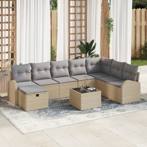 9-delad Trädgårdsoffasets med Kuddar Beige Poly Rotting, vidaXL 2-sits Trädgårdsoffa med Förvaring & Kuddar Beige Poly Rotting