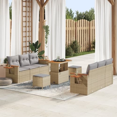 9-delat trädgårdssoffaset med kuddar beige poly rotting akacia