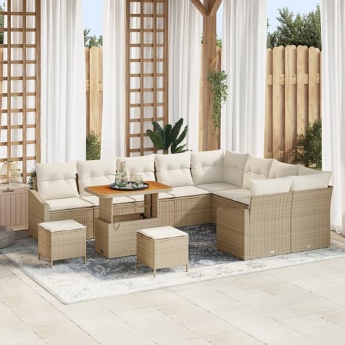 12-delars trädgårdsoff set med kuddar beige poly rattan akacia