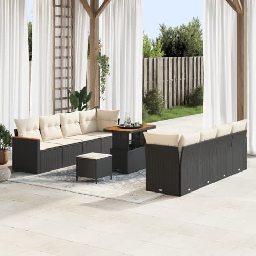 11-delat trädgårdsofa set med kuddar svart poly rattan akacia
