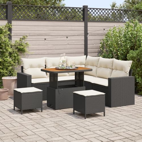 8-delat trädgårdsoff-set med kuddar, svart poly rattan, akacia, vidaXL 3-delat trädgårds-matsättning med kuddar, svart poly rattan, akacia