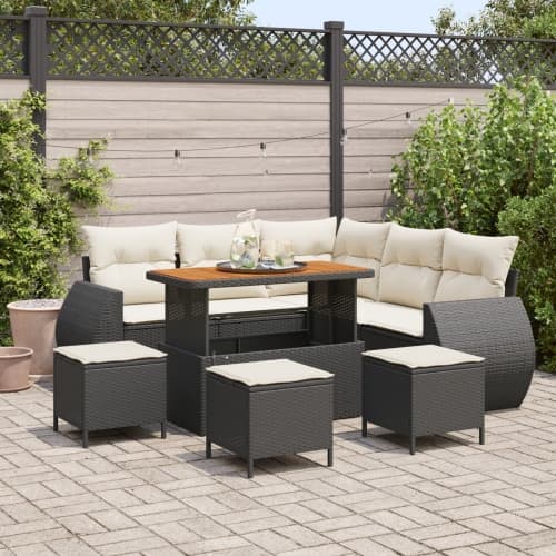 9-delars Trädgårdsofa Set med Kuddar Svart Poly Rattan Akacia