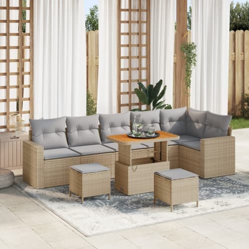 9-delat Trädgårdsoffset med Kuddar Beige Poly Rattan Akacia