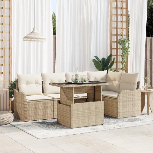 6-delat trädgårdsoffset med kuddar beige poly rattan