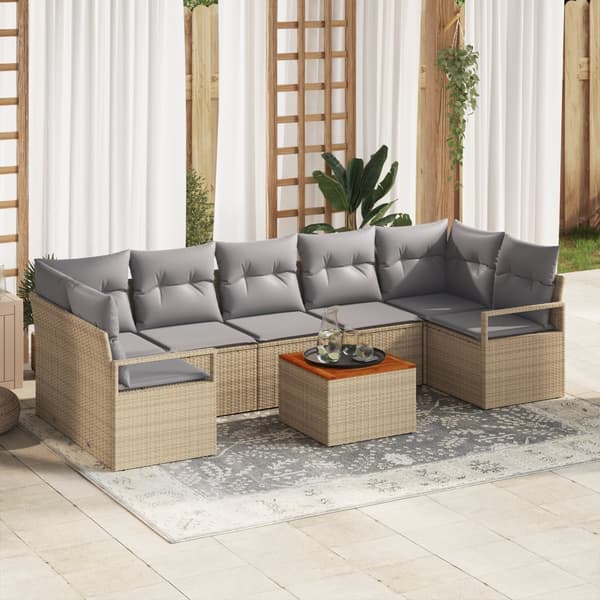 8-delad trädgårdsoffagrupp med kuddar beige poly rattan akacia
