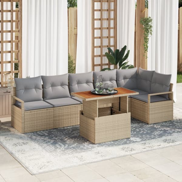 7-delars trädgårdsoffset med kuddar Beige Poly Rattan