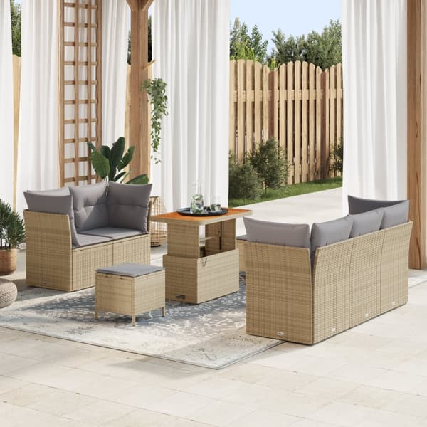 8-delat trädgårdssofa set med kuddar Beige Poly Rattan Akacia