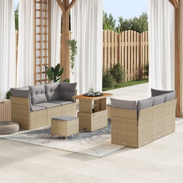 9-delad trädgårdsoffgrupp med kuddar Beige Poly Rattan Acacia