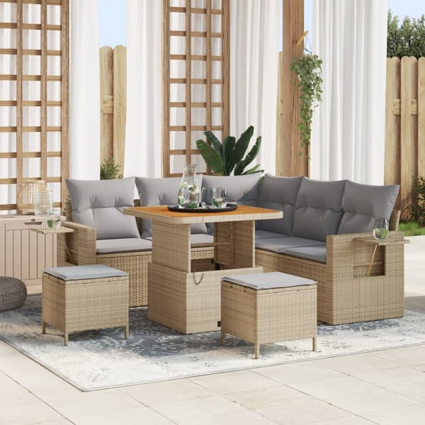 8-delad Trädgårdsoffuppsättning med Kuddar Beige Poly Rattan Akacia